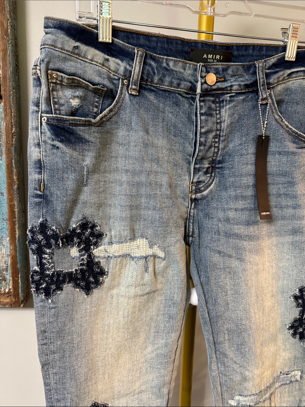 AMIRI Women's Light Blue Distressed Skinny Jeans with Embellished Patches EUC 34 - Picture 3 of 15